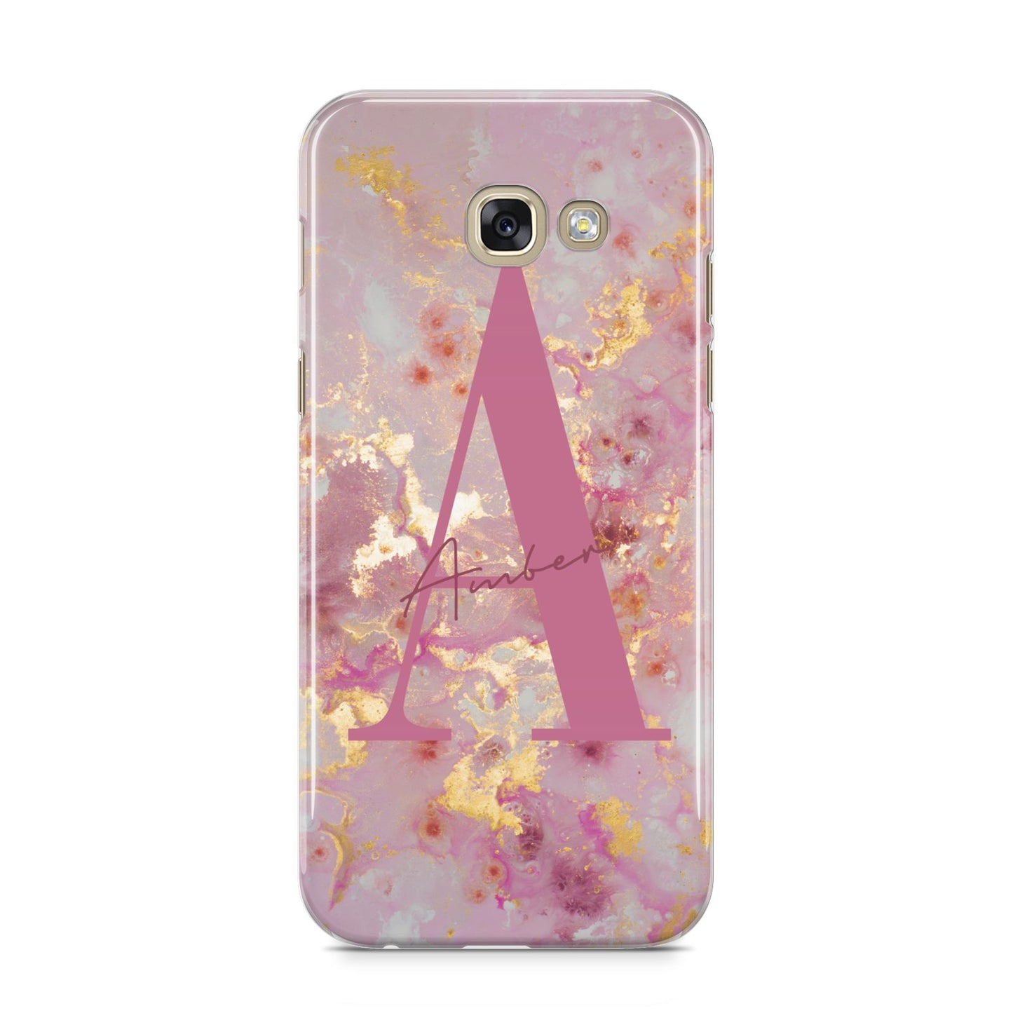 Monogrammed Pink Gold Marble Samsung Galaxy A5 2017 Case on gold phone