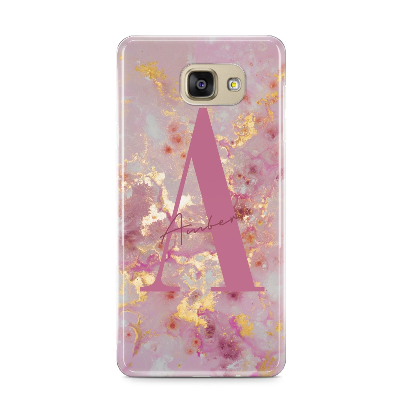 Monogrammed Pink Gold Marble Samsung Galaxy A9 2016 Case on gold phone