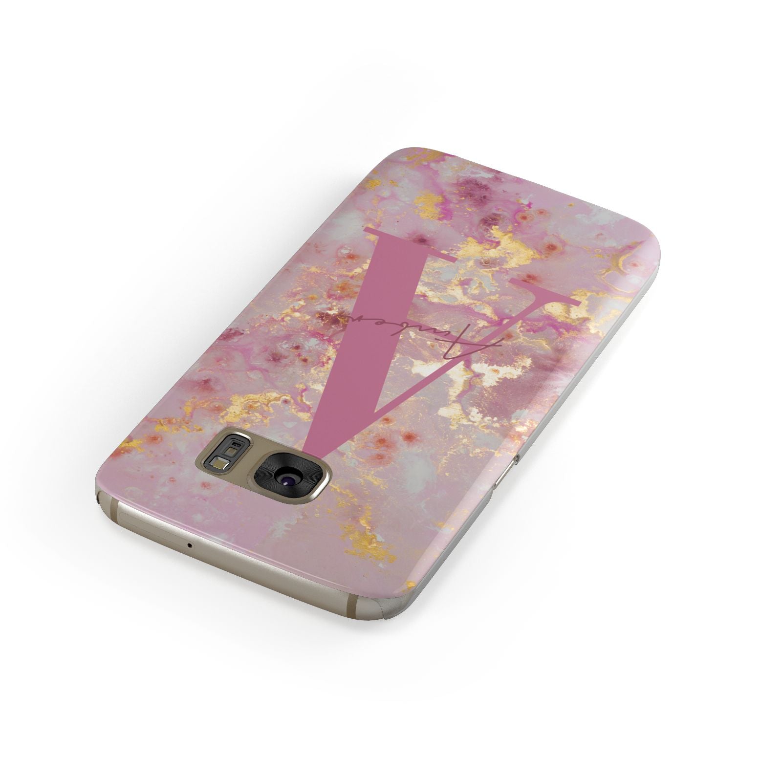 Monogrammed Pink Gold Marble Samsung Galaxy Case Front Close Up