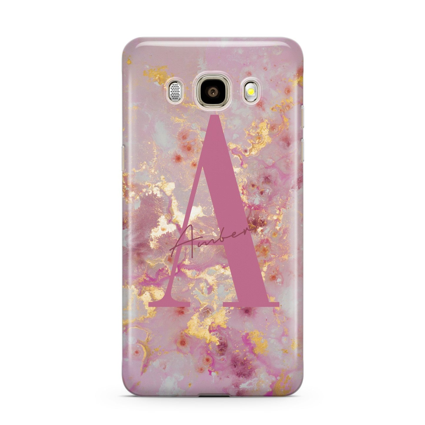 Monogrammed Pink Gold Marble Samsung Galaxy J7 2016 Case on gold phone