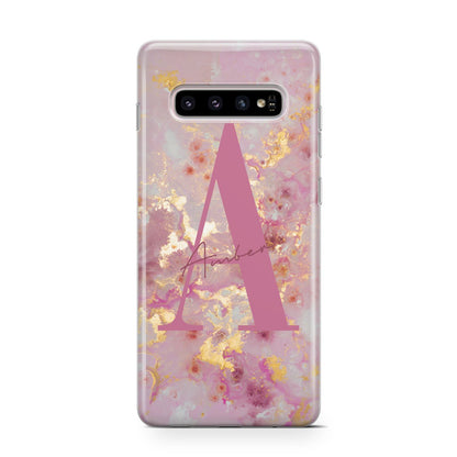 Monogrammed Pink Gold Marble Samsung Galaxy S10 Case