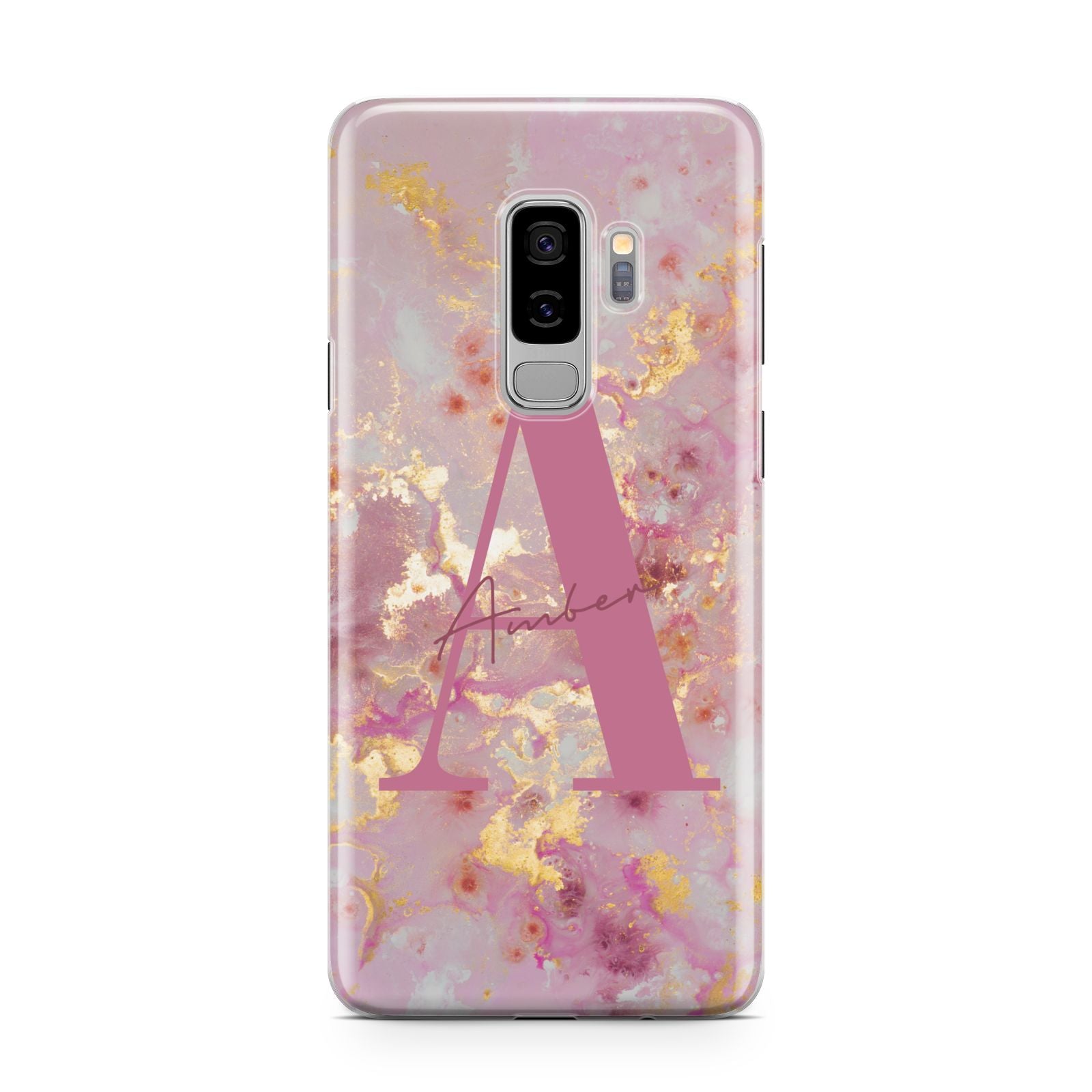 Monogrammed Pink Gold Marble Samsung Galaxy S9 Plus Case on Silver phone