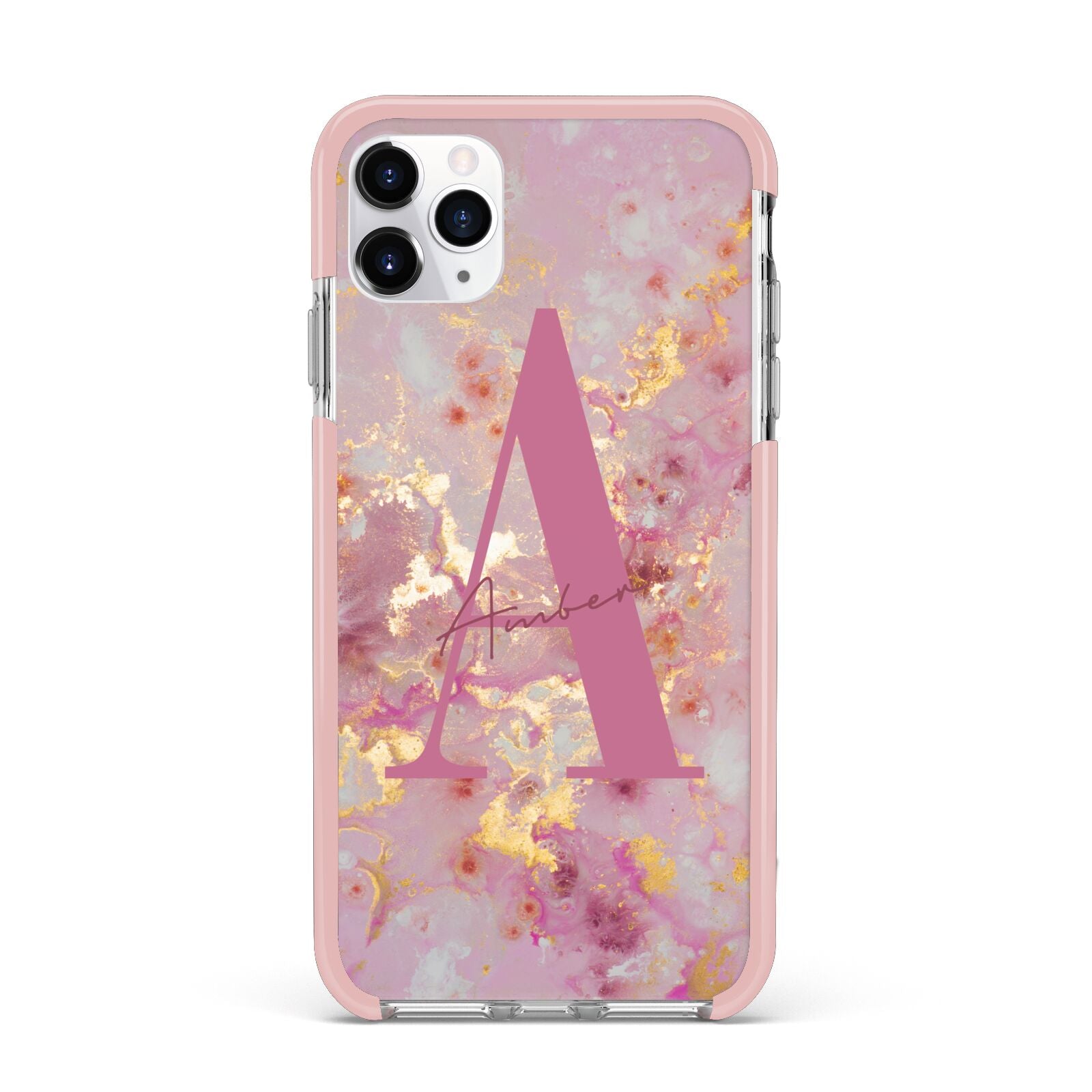 Monogrammed Pink Gold Marble iPhone 11 Pro Max Impact Pink Edge Case