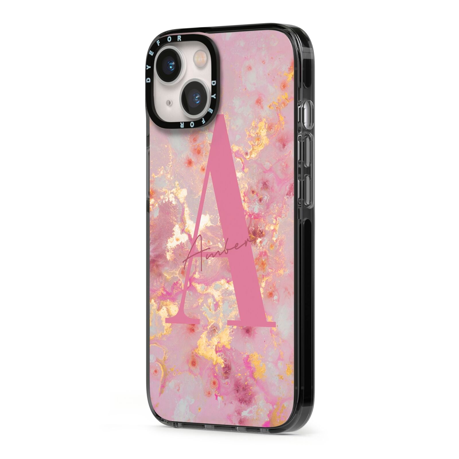 Monogrammed Pink Gold Marble iPhone 13 Black Impact Case Side Angle on Silver phone