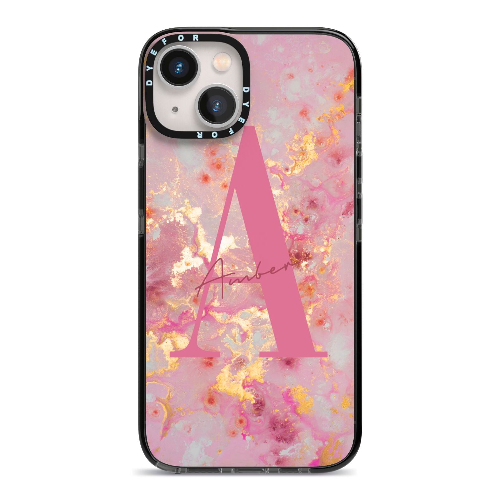 Monogrammed Pink Gold Marble iPhone 13 Black Impact Case on Silver phone