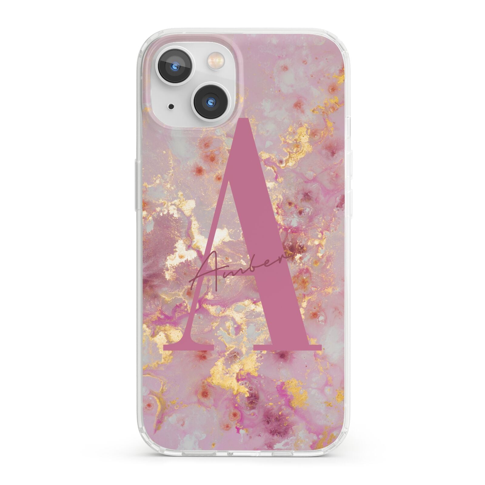 Monogrammed Pink Gold Marble iPhone 13 Clear Bumper Case
