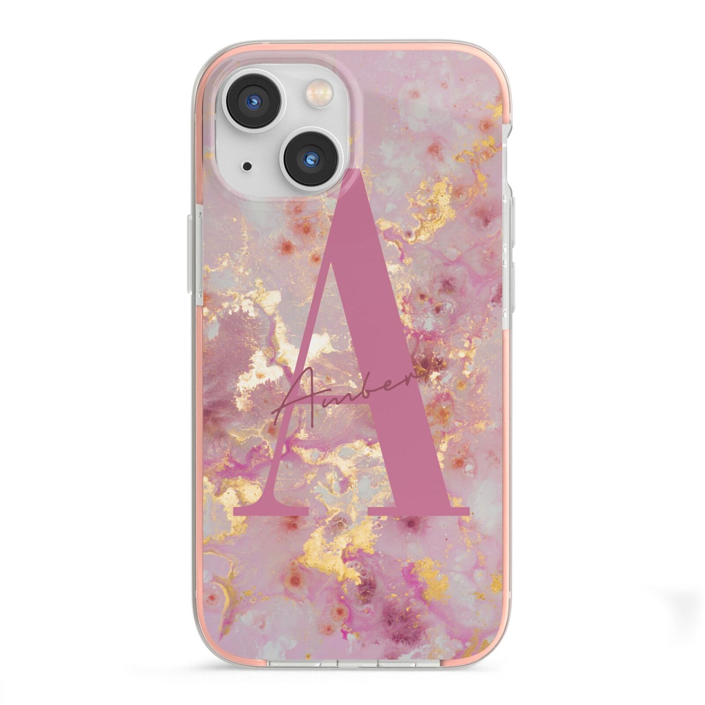 Monogrammed Pink Gold Marble iPhone 13 Mini TPU Impact Case with Pink Edges