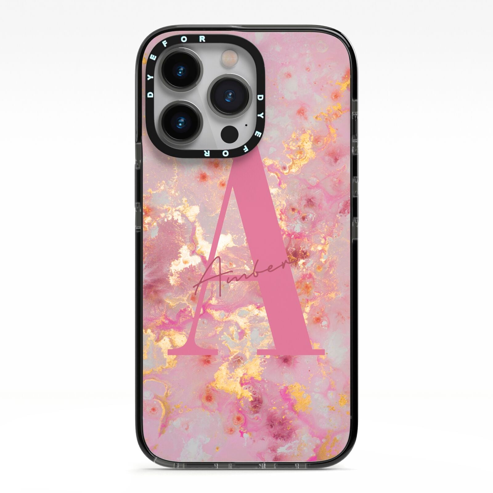 Monogrammed Pink Gold Marble iPhone 13 Pro Black Impact Case on Silver phone