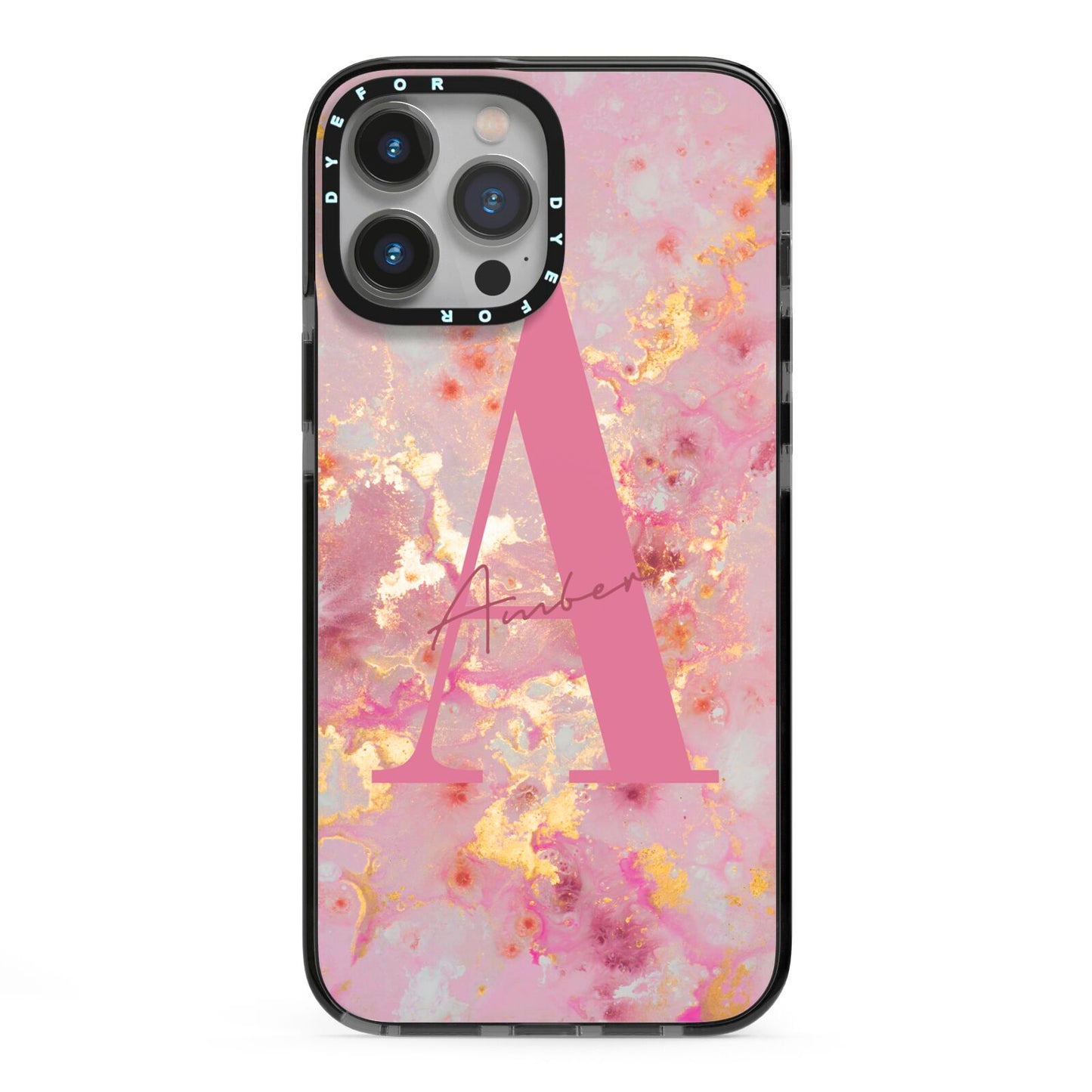 Monogrammed Pink Gold Marble iPhone 13 Pro Max Black Impact Case on Silver phone