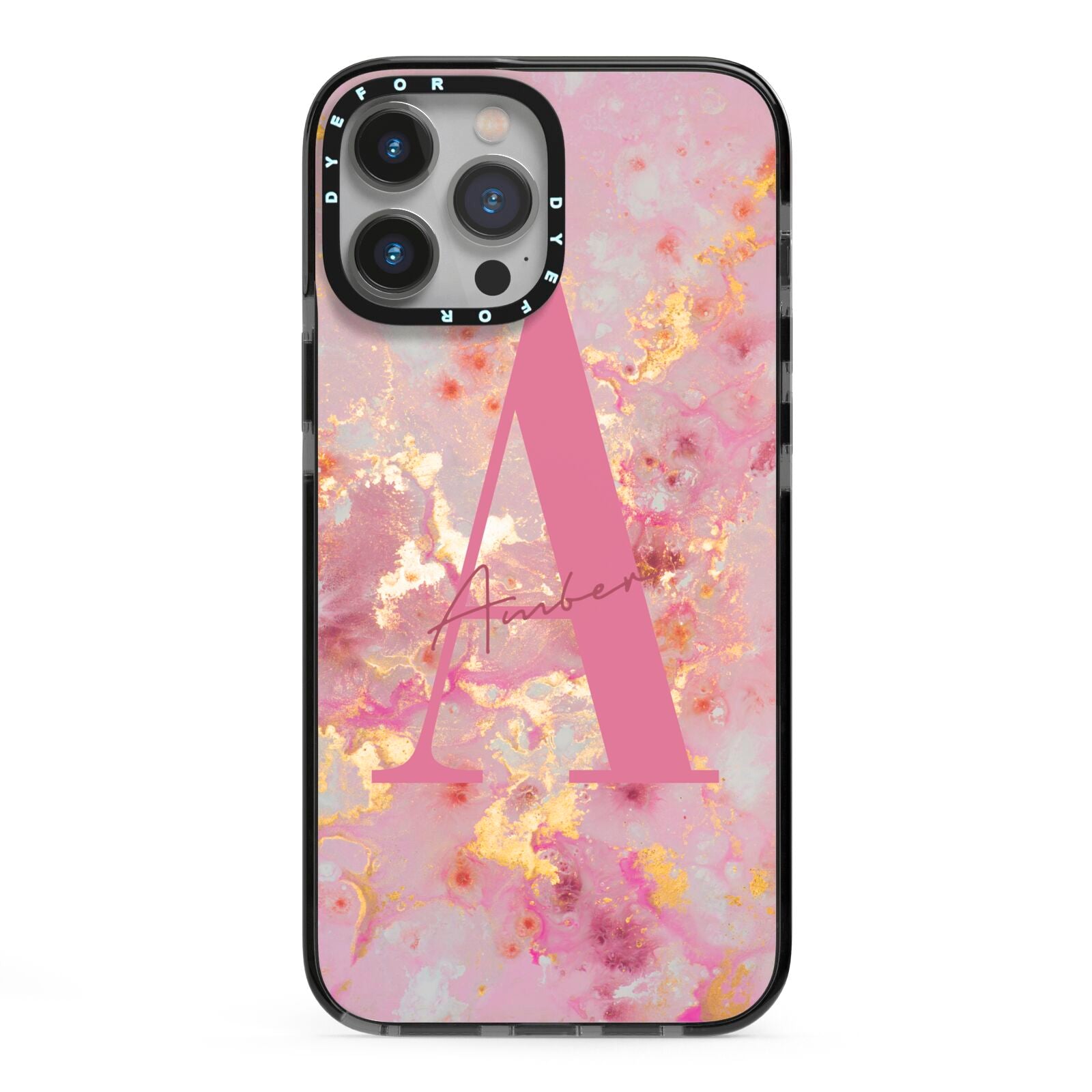 Monogrammed Pink Gold Marble iPhone 13 Pro Max Black Impact Case on Silver phone