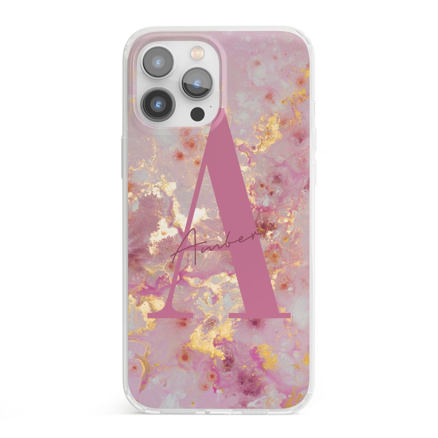 Monogrammed Pink Gold Marble iPhone 13 Pro Max Clear Bumper Case