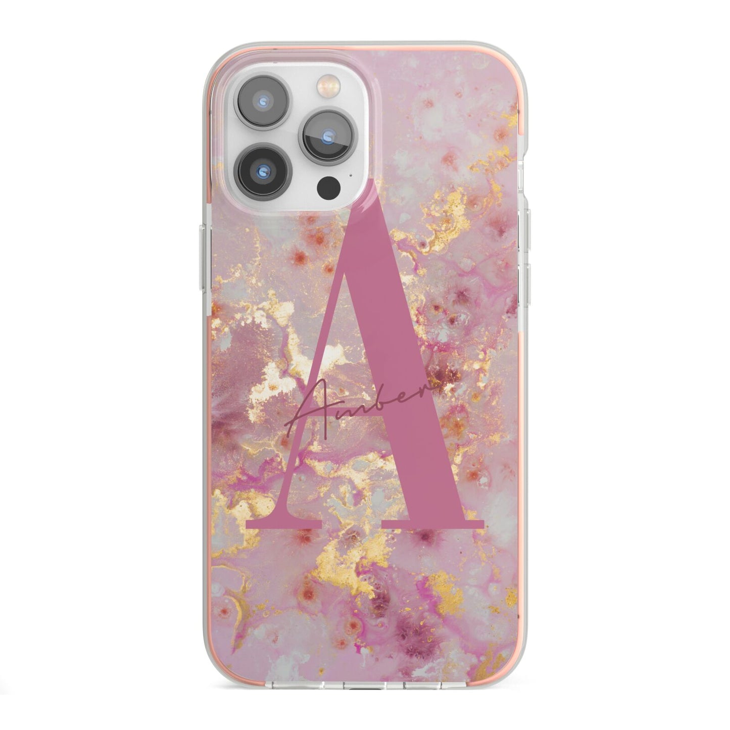 Monogrammed Pink Gold Marble iPhone 13 Pro Max TPU Impact Case with Pink Edges