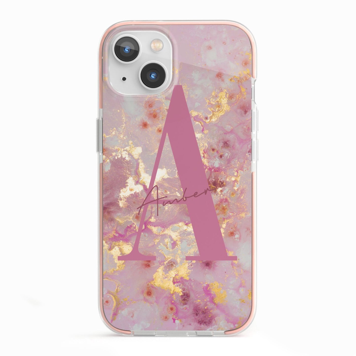 Monogrammed Pink Gold Marble iPhone 13 TPU Impact Case with Pink Edges