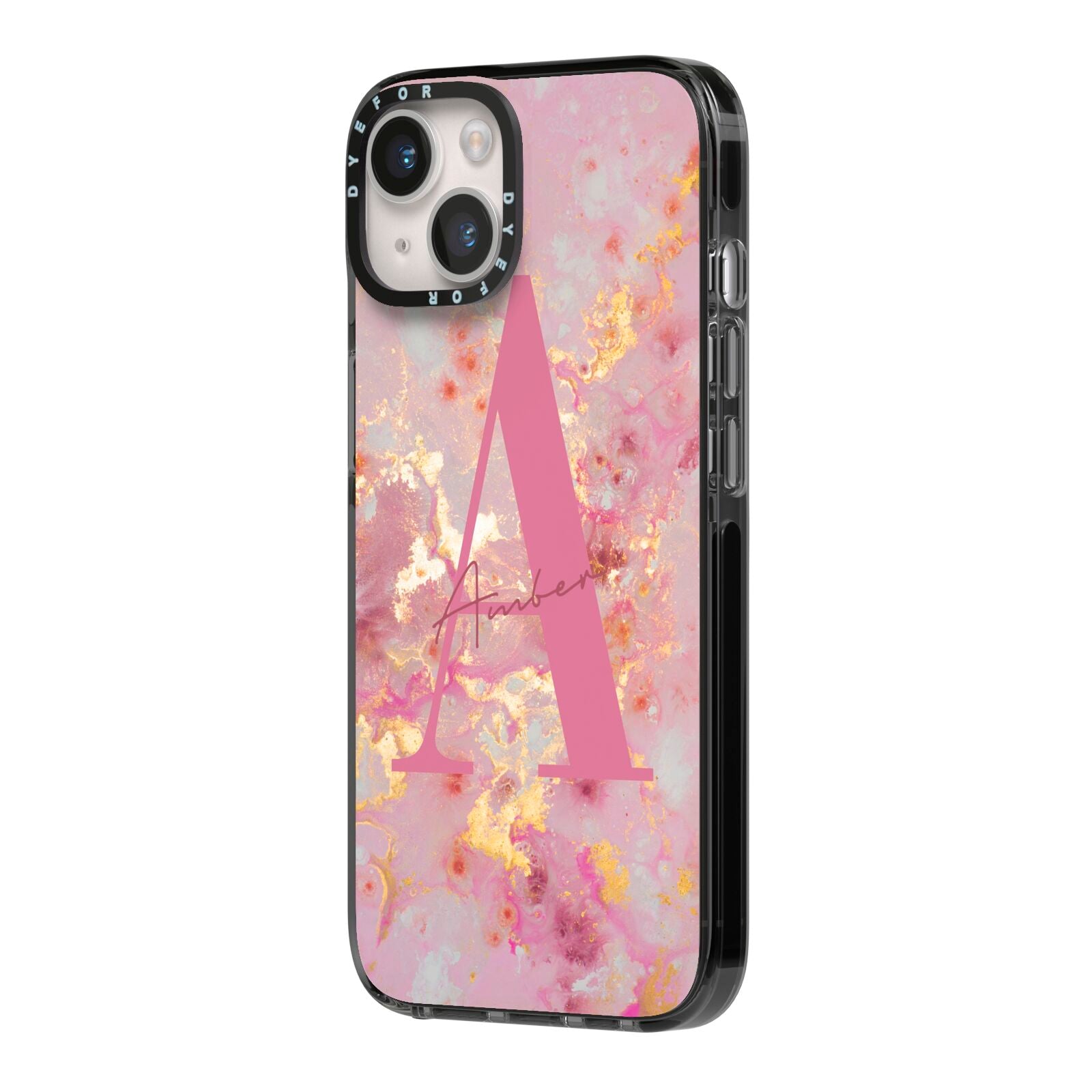 Monogrammed Pink Gold Marble iPhone 14 Black Impact Case Side Angle on Silver phone