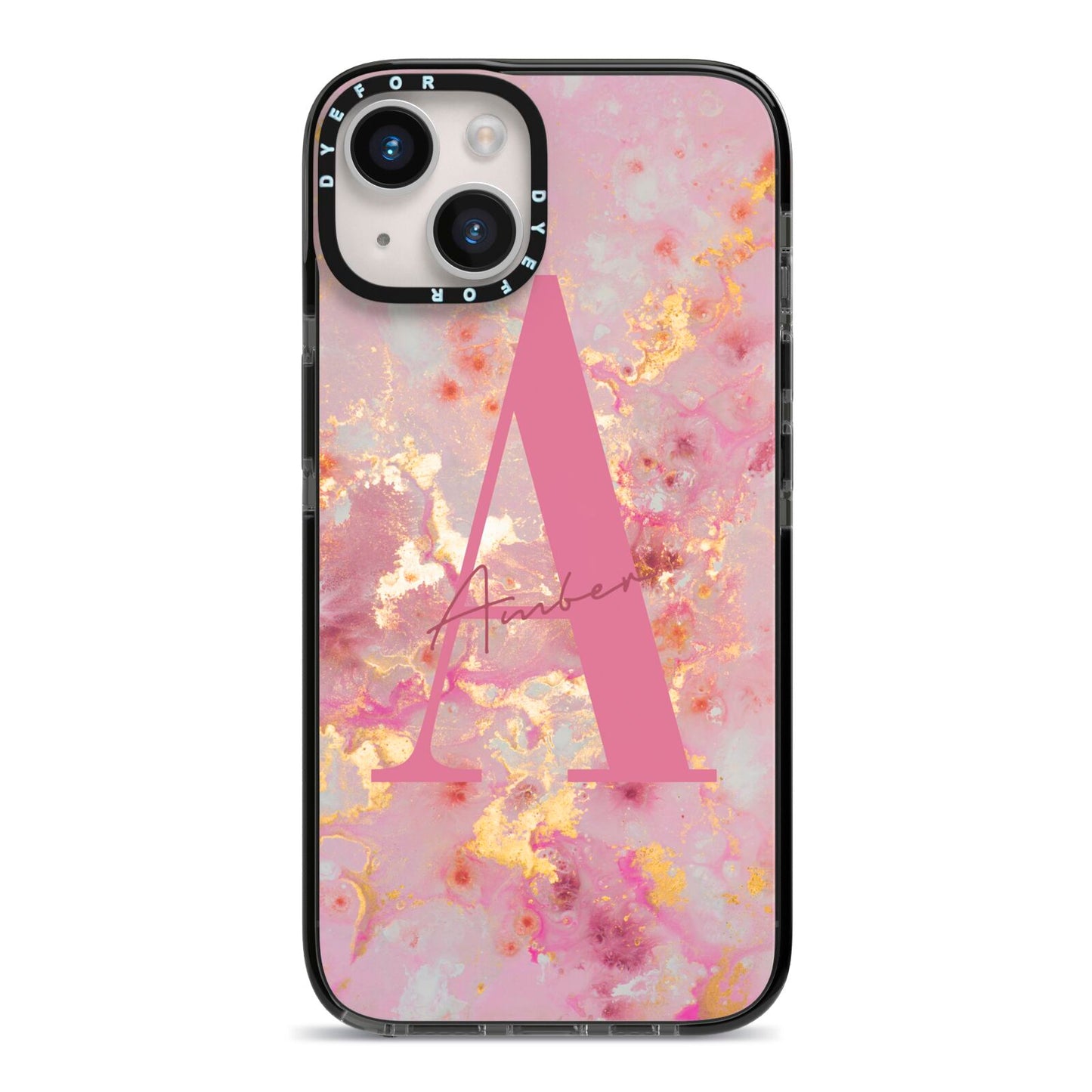Monogrammed Pink Gold Marble iPhone 14 Black Impact Case on Silver phone