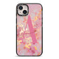Monogrammed Pink Gold Marble iPhone 14 Plus Black Impact Case on Silver phone
