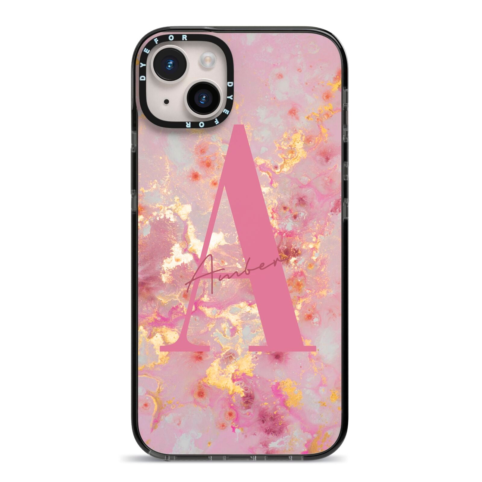 Monogrammed Pink Gold Marble iPhone 14 Plus Black Impact Case on Silver phone