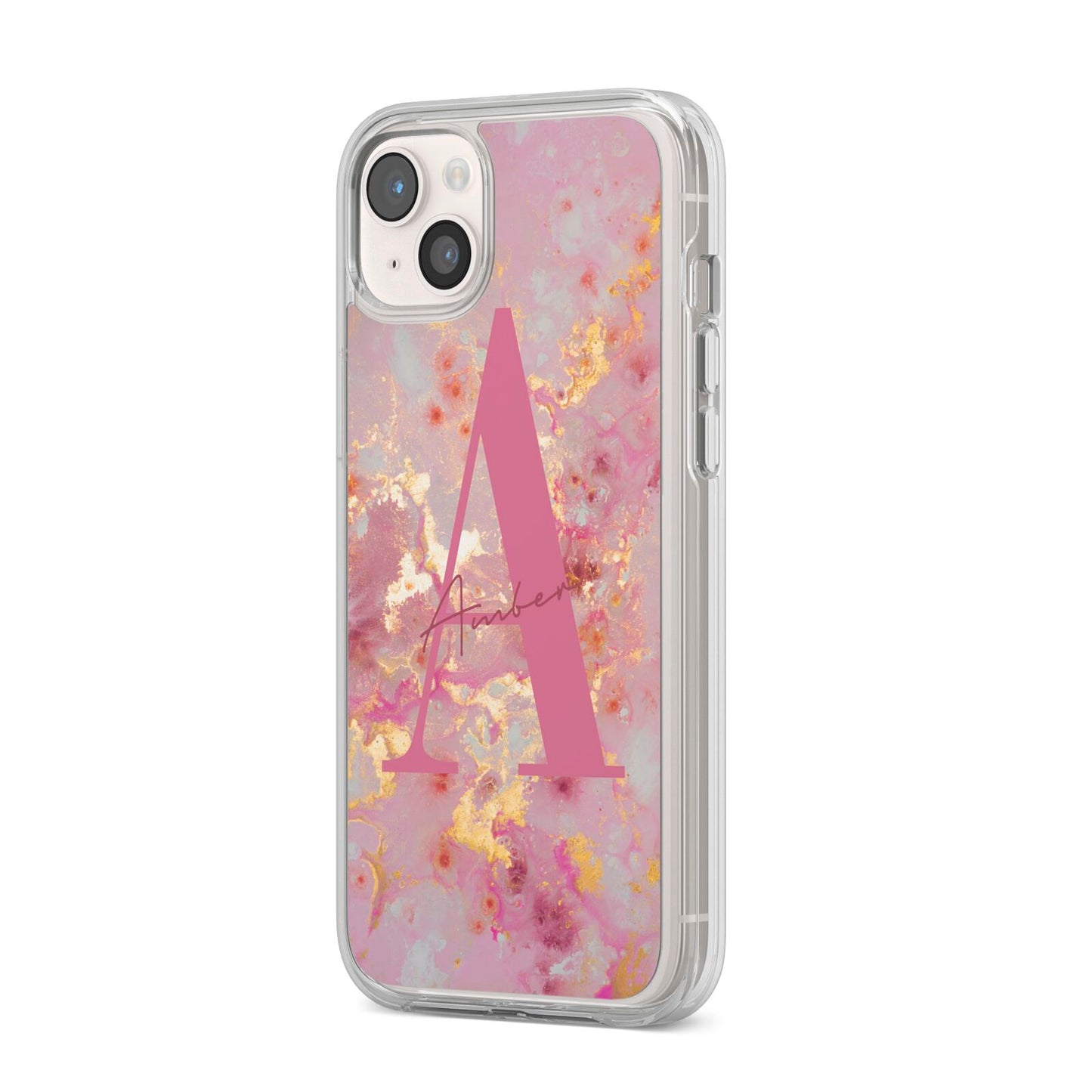 Monogrammed Pink Gold Marble iPhone 14 Plus Clear Tough Case Starlight Angled Image