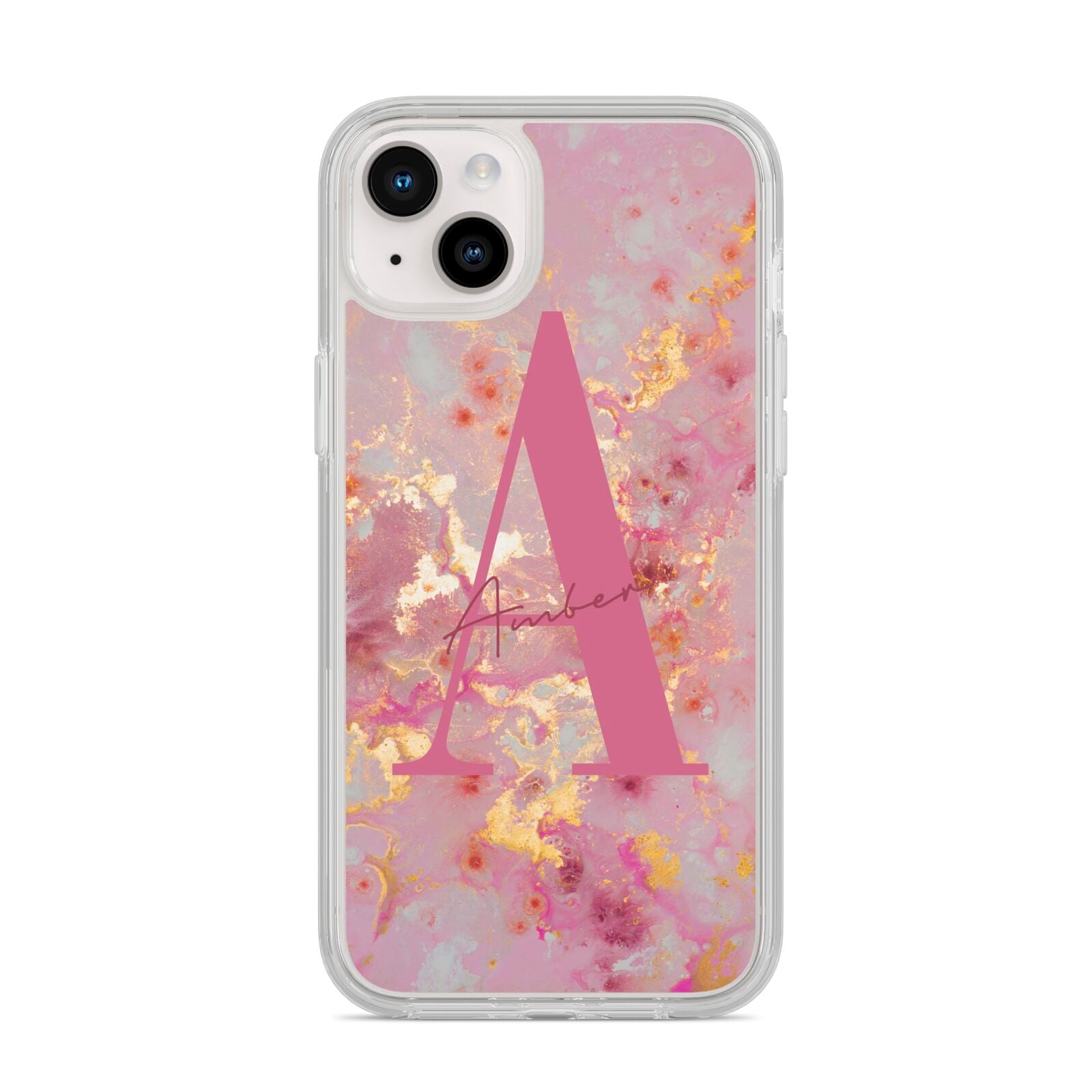 Monogrammed Pink Gold Marble iPhone 14 Plus Clear Tough Case Starlight