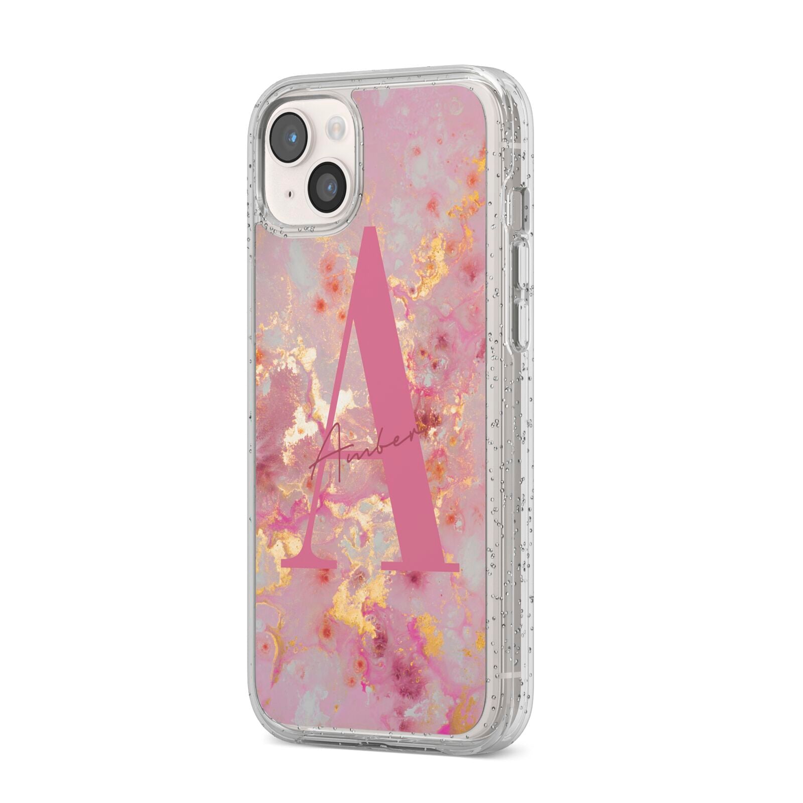 Monogrammed Pink Gold Marble iPhone 14 Plus Glitter Tough Case Starlight Angled Image