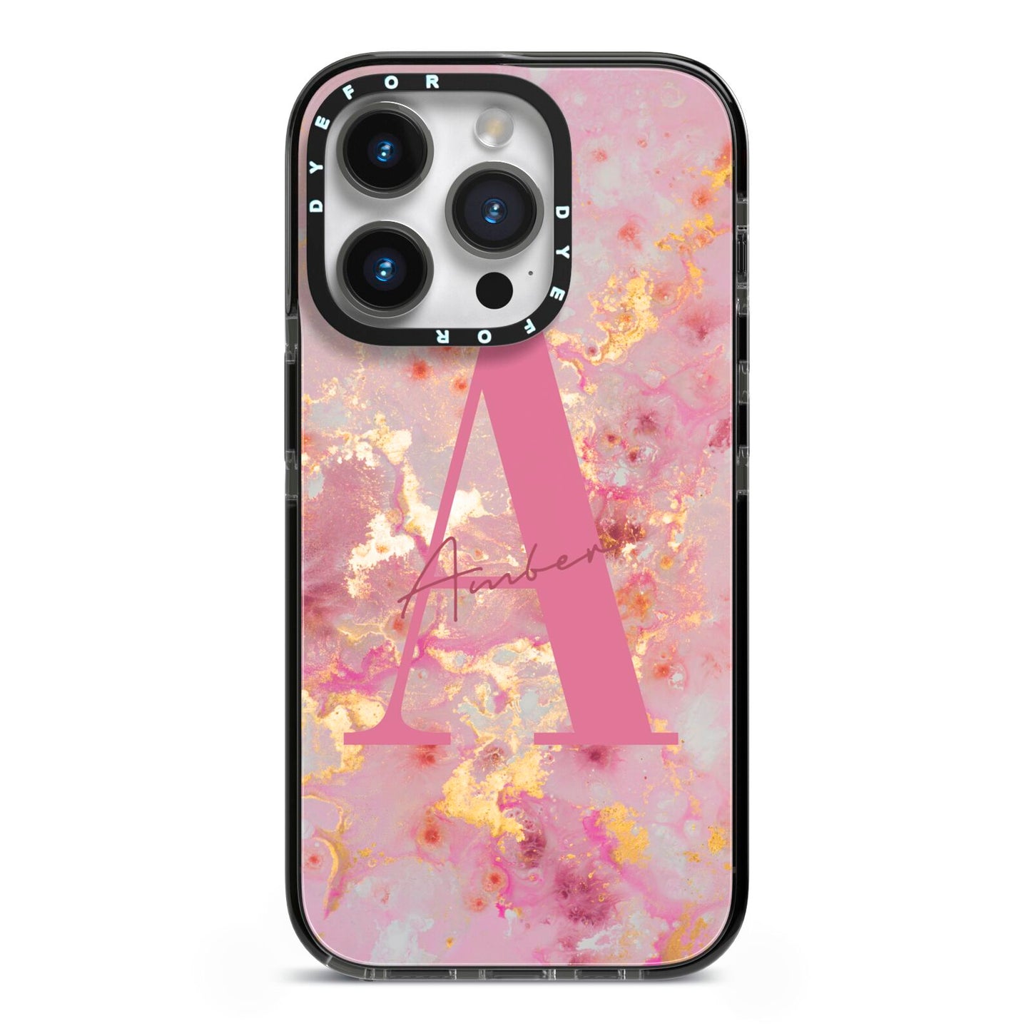 Monogrammed Pink Gold Marble iPhone 14 Pro Black Impact Case on Silver phone