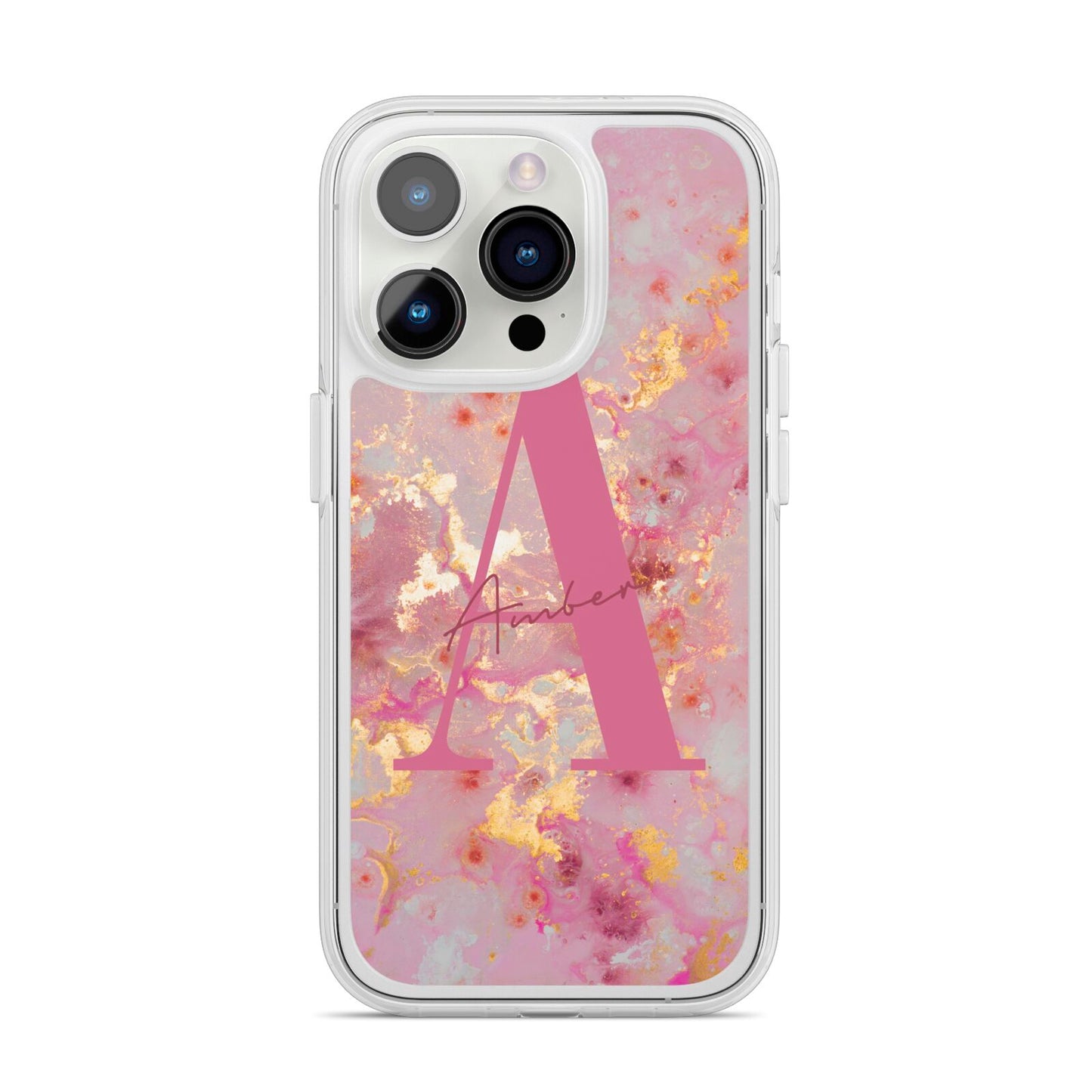 Monogrammed Pink Gold Marble iPhone 14 Pro Clear Tough Case Silver