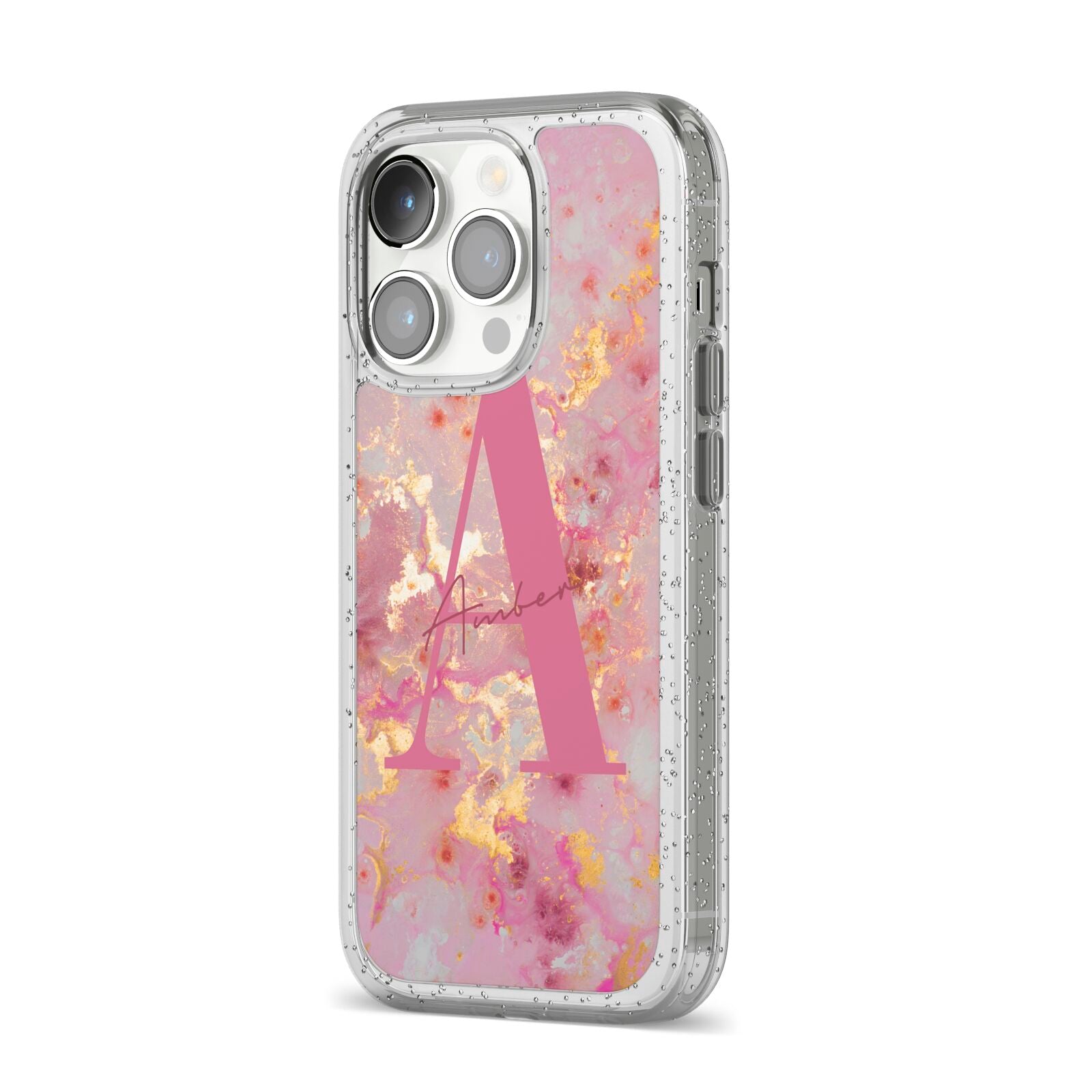 Monogrammed Pink Gold Marble iPhone 14 Pro Glitter Tough Case Silver Angled Image