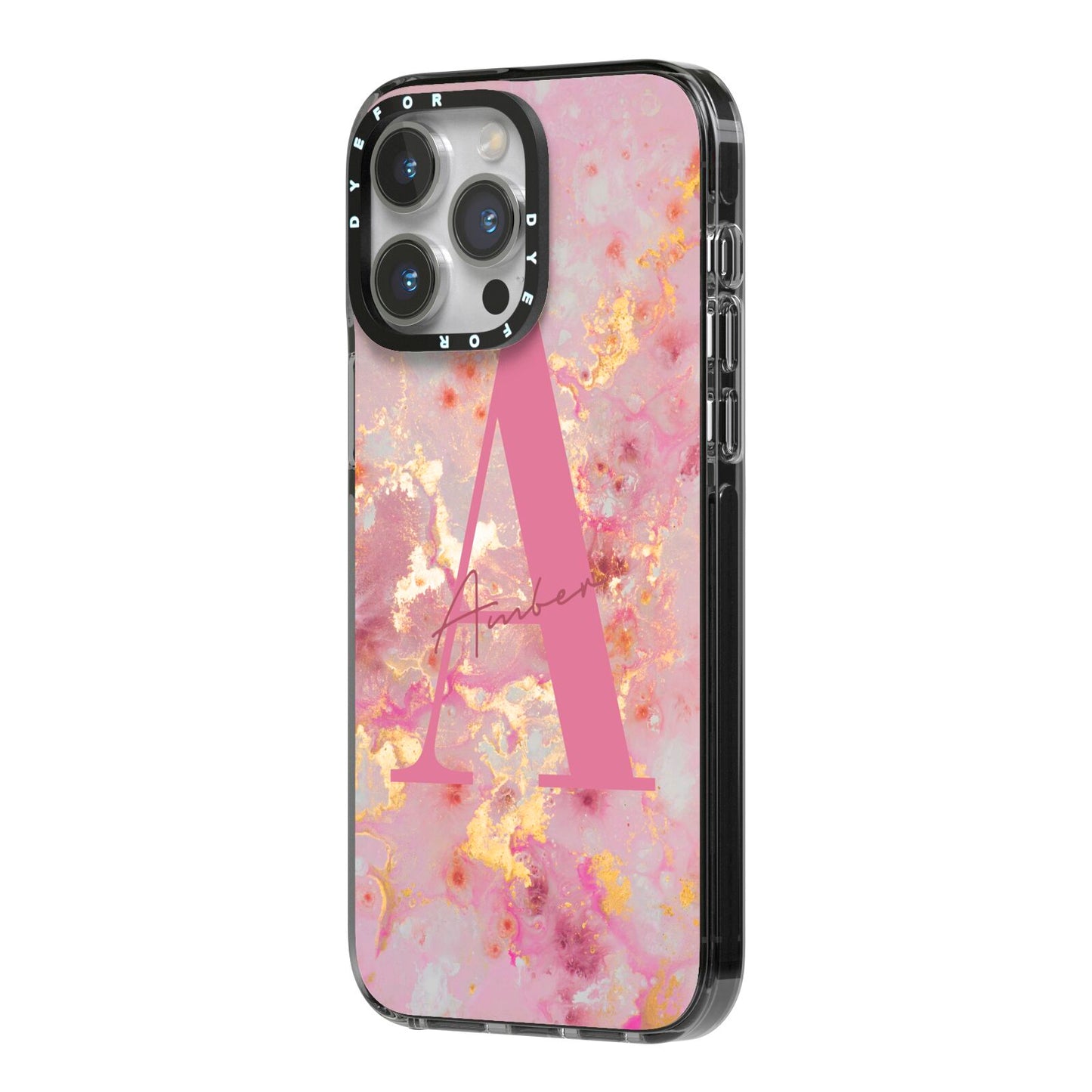 Monogrammed Pink Gold Marble iPhone 14 Pro Max Black Impact Case Side Angle on Silver phone