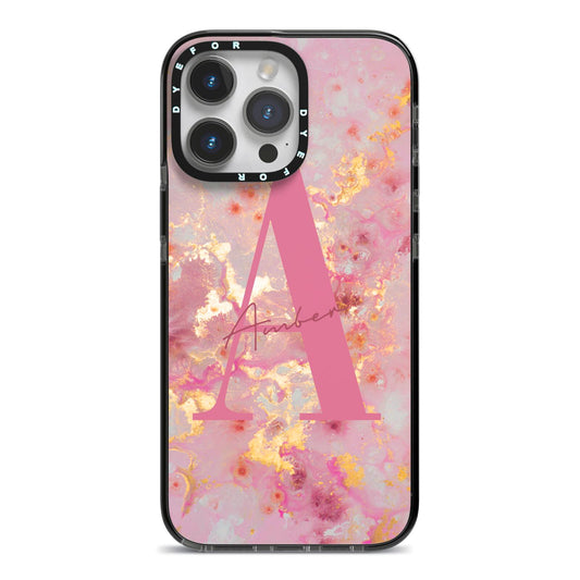 Monogrammed Pink Gold Marble iPhone 14 Pro Max Black Impact Case on Silver phone