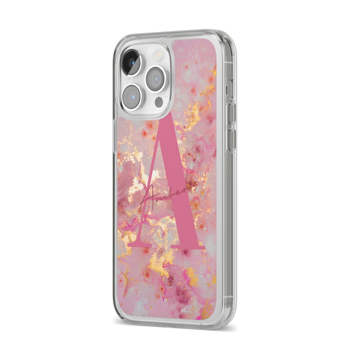 Monogrammed Pink Gold Marble iPhone 14 Pro Max Clear Tough Case Silver Angled Image