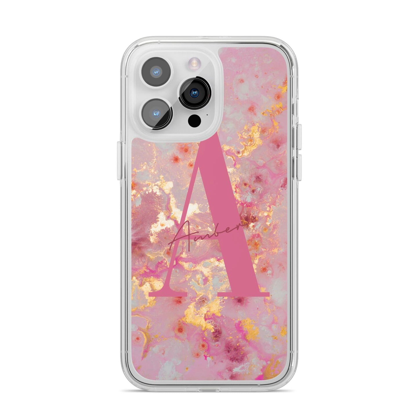 Monogrammed Pink Gold Marble iPhone 14 Pro Max Clear Tough Case Silver