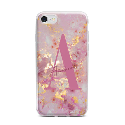 Monogrammed Pink Gold Marble iPhone 7 Bumper Case on Silver iPhone