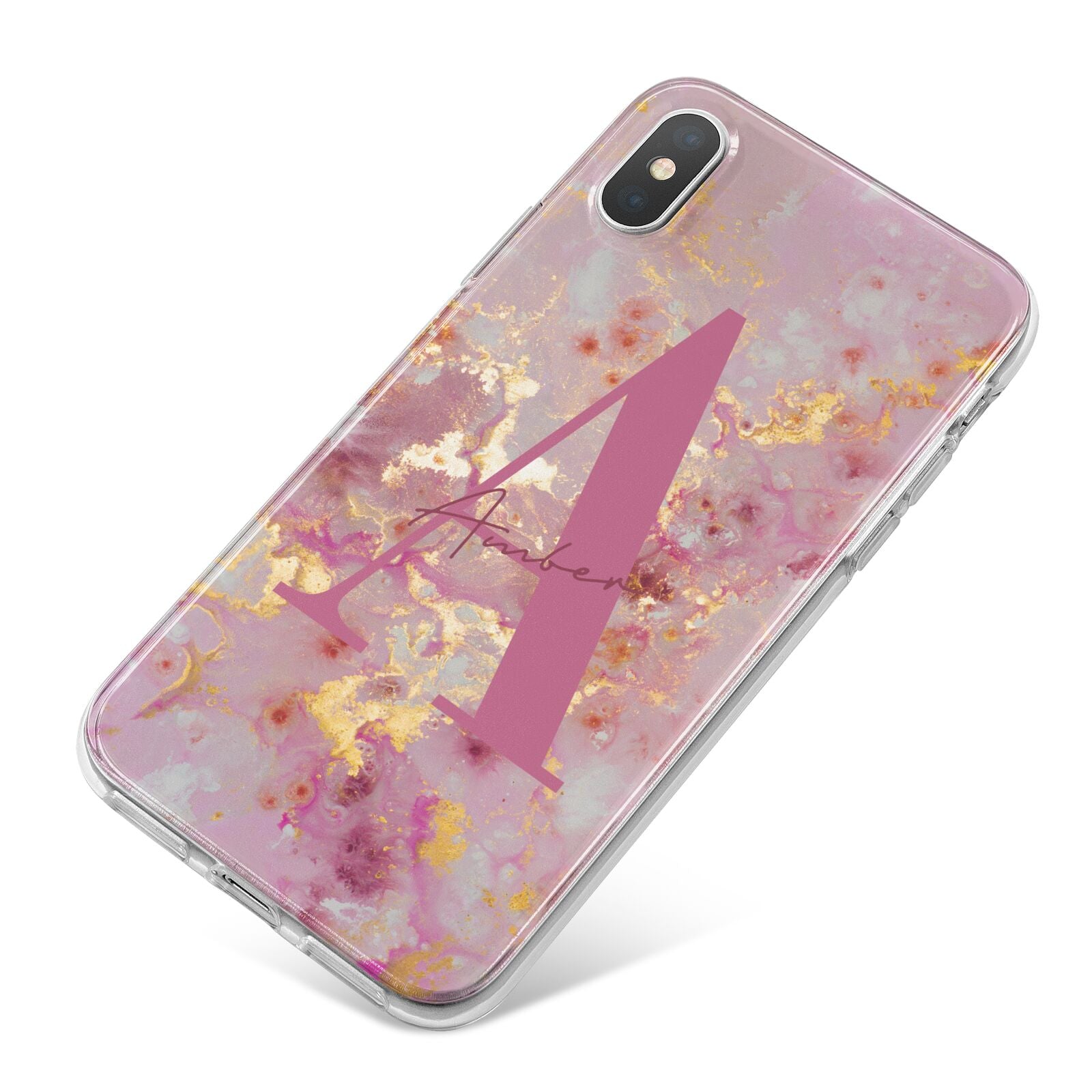 Monogrammed Pink Gold Marble iPhone X Bumper Case on Silver iPhone