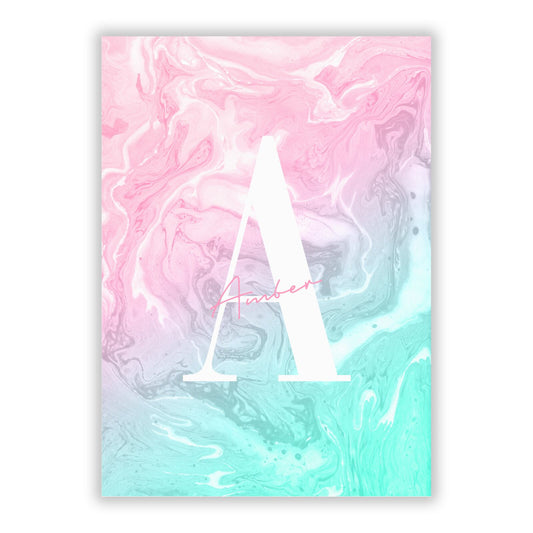 Monogrammed Pink Turquoise Pastel Marble A5 Flat Greetings Card