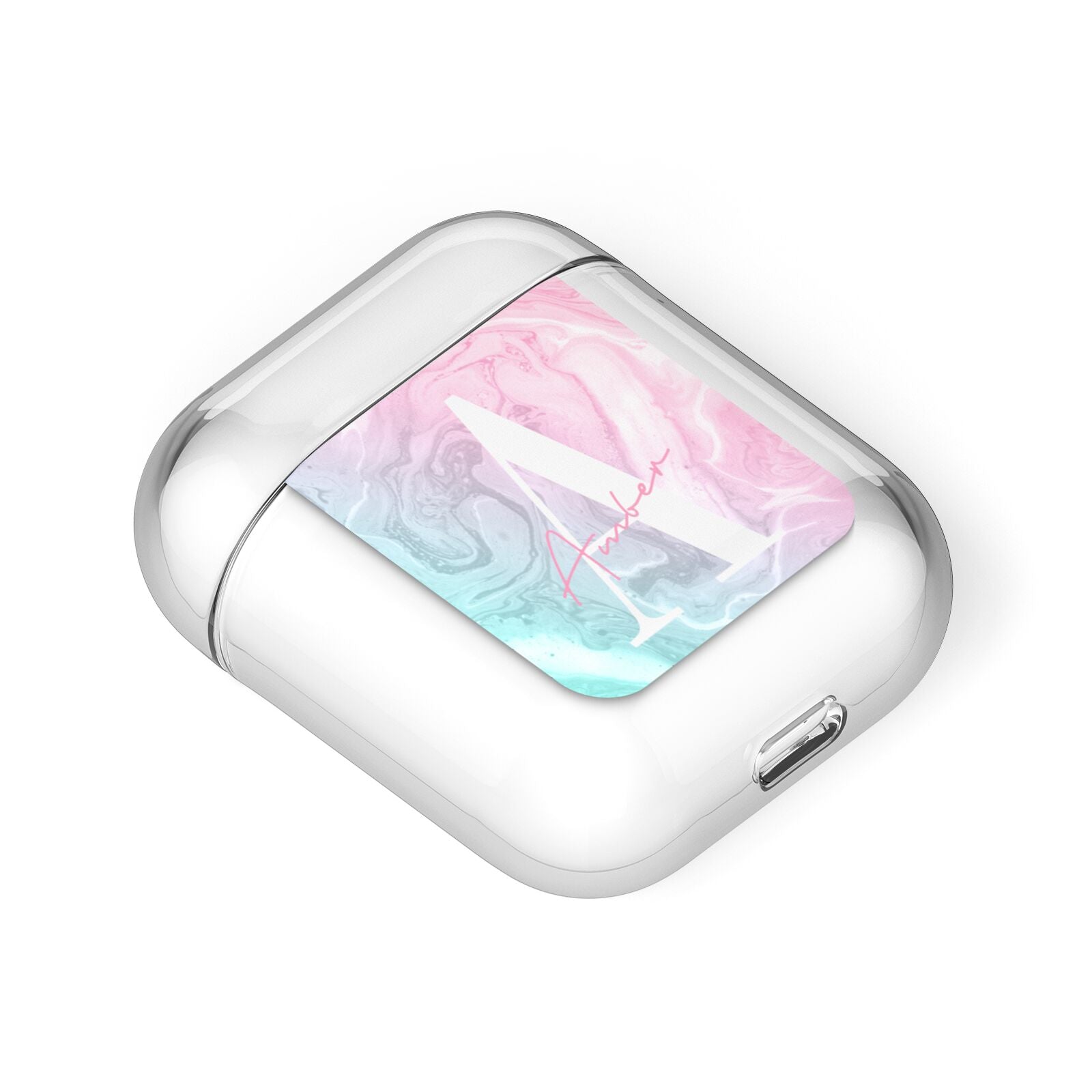 Monogrammed Pink Turquoise Pastel Marble AirPods Case Laid Flat