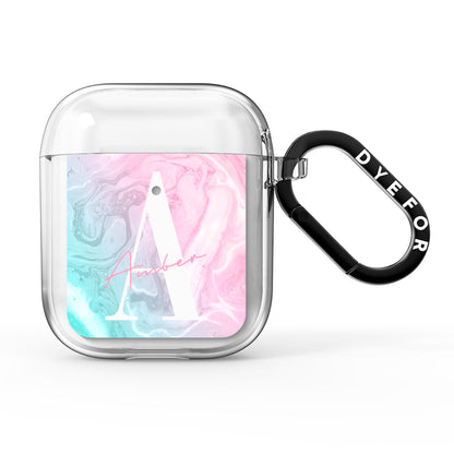 Monogrammed Pink Turquoise Pastel Marble AirPods Clear Case