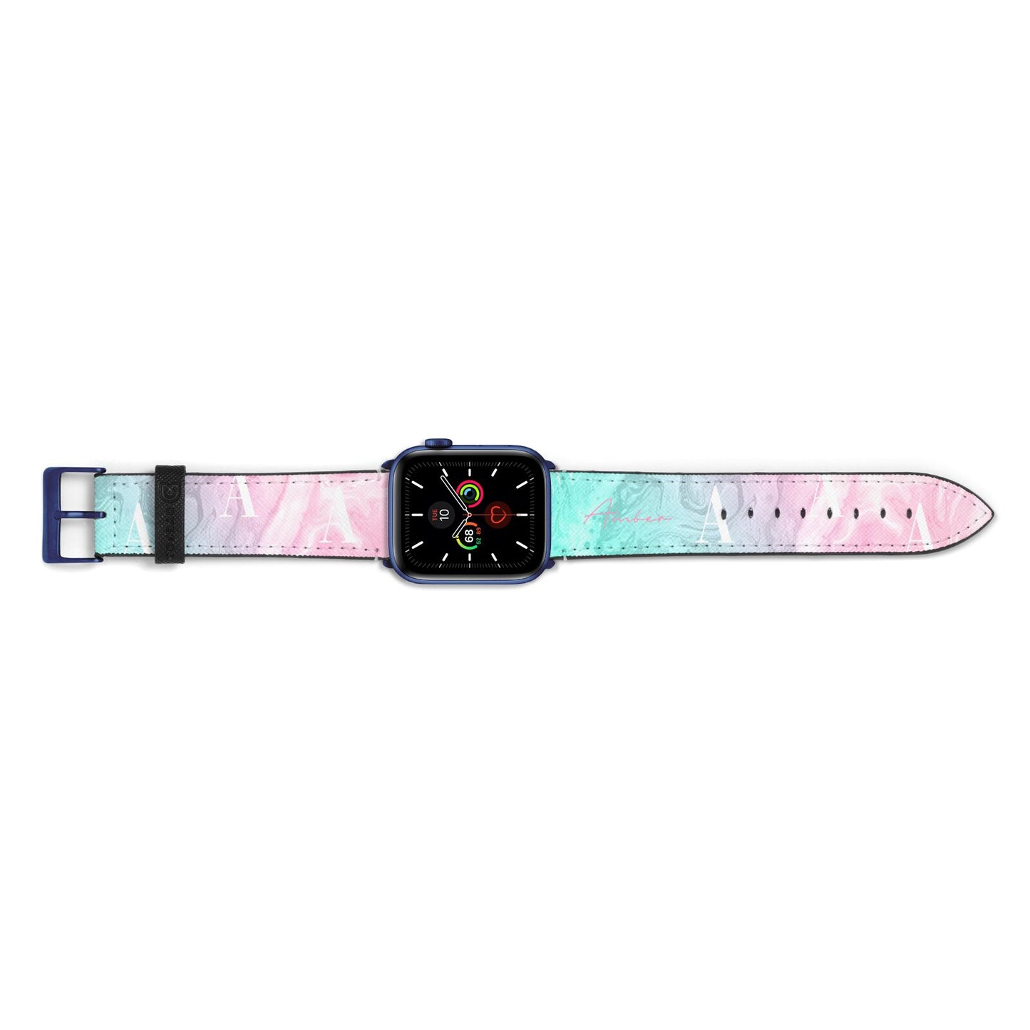 Monogrammed Pink Turquoise Pastel Marble Apple Watch Strap Landscape Image Blue Hardware