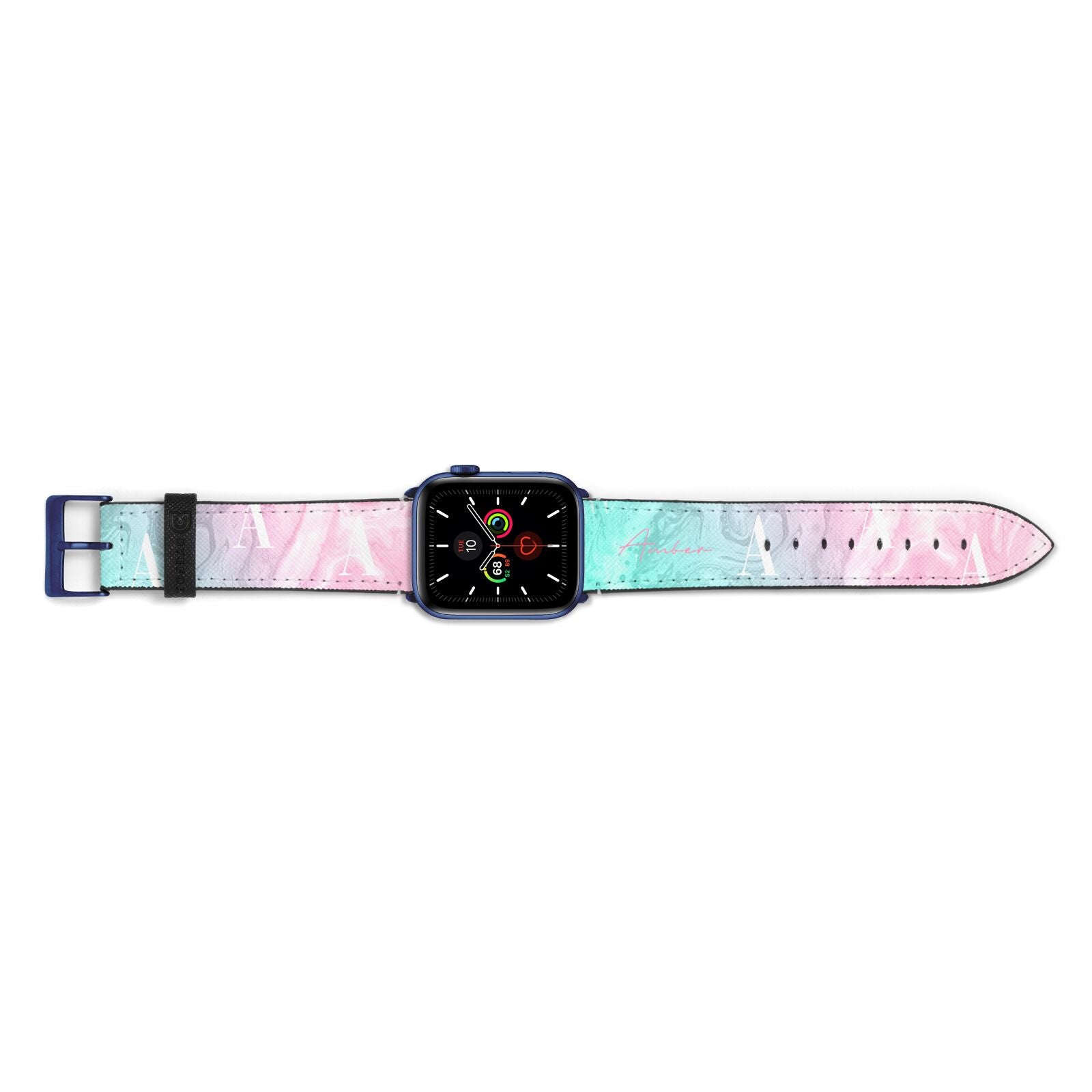 Monogrammed Pink Turquoise Pastel Marble Apple Watch Strap Landscape Image Blue Hardware