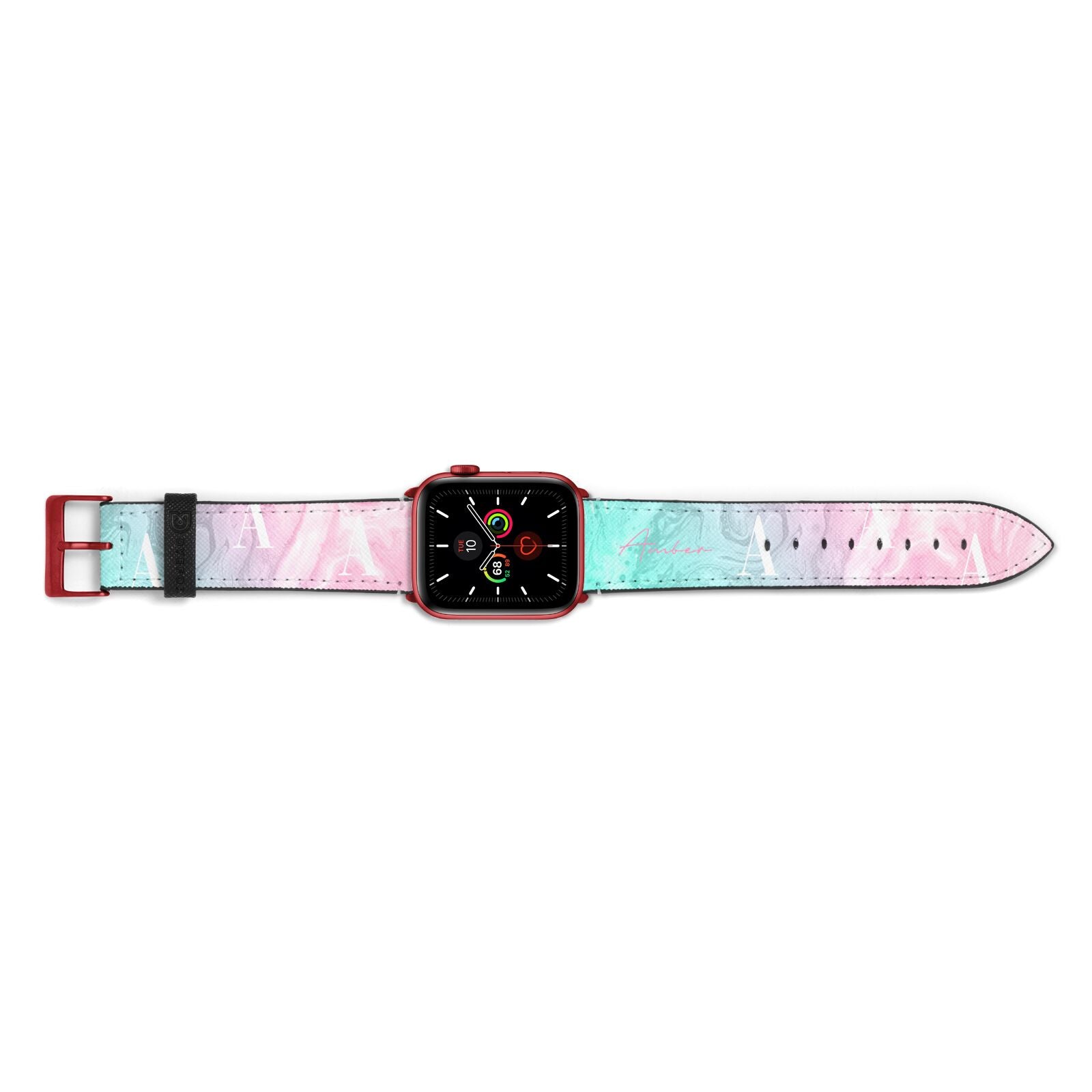 Monogrammed Pink Turquoise Pastel Marble Apple Watch Strap Landscape Image Red Hardware