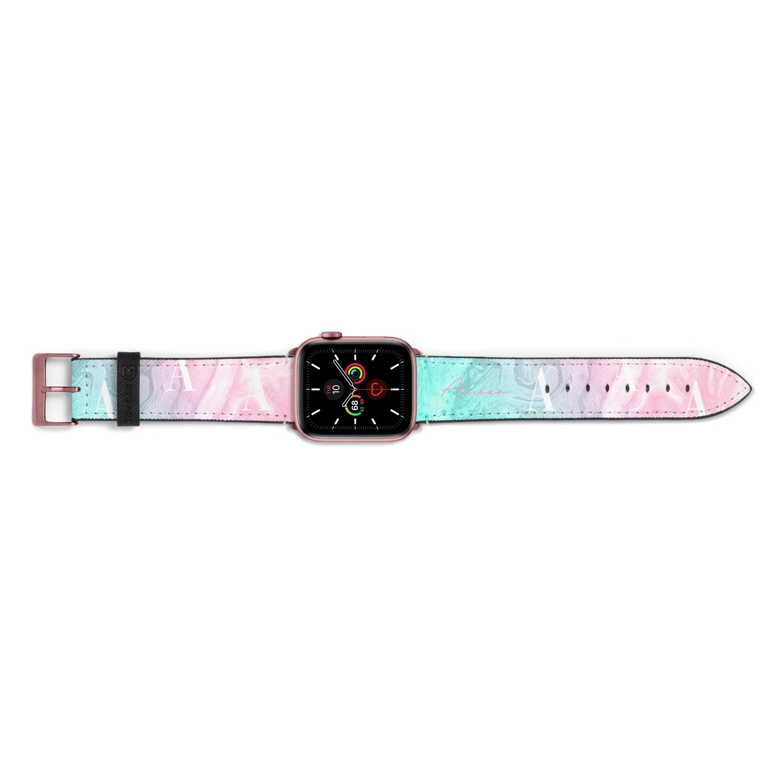 Monogrammed Pink Turquoise Pastel Marble Apple Watch Strap Landscape Image Rose Gold Hardware