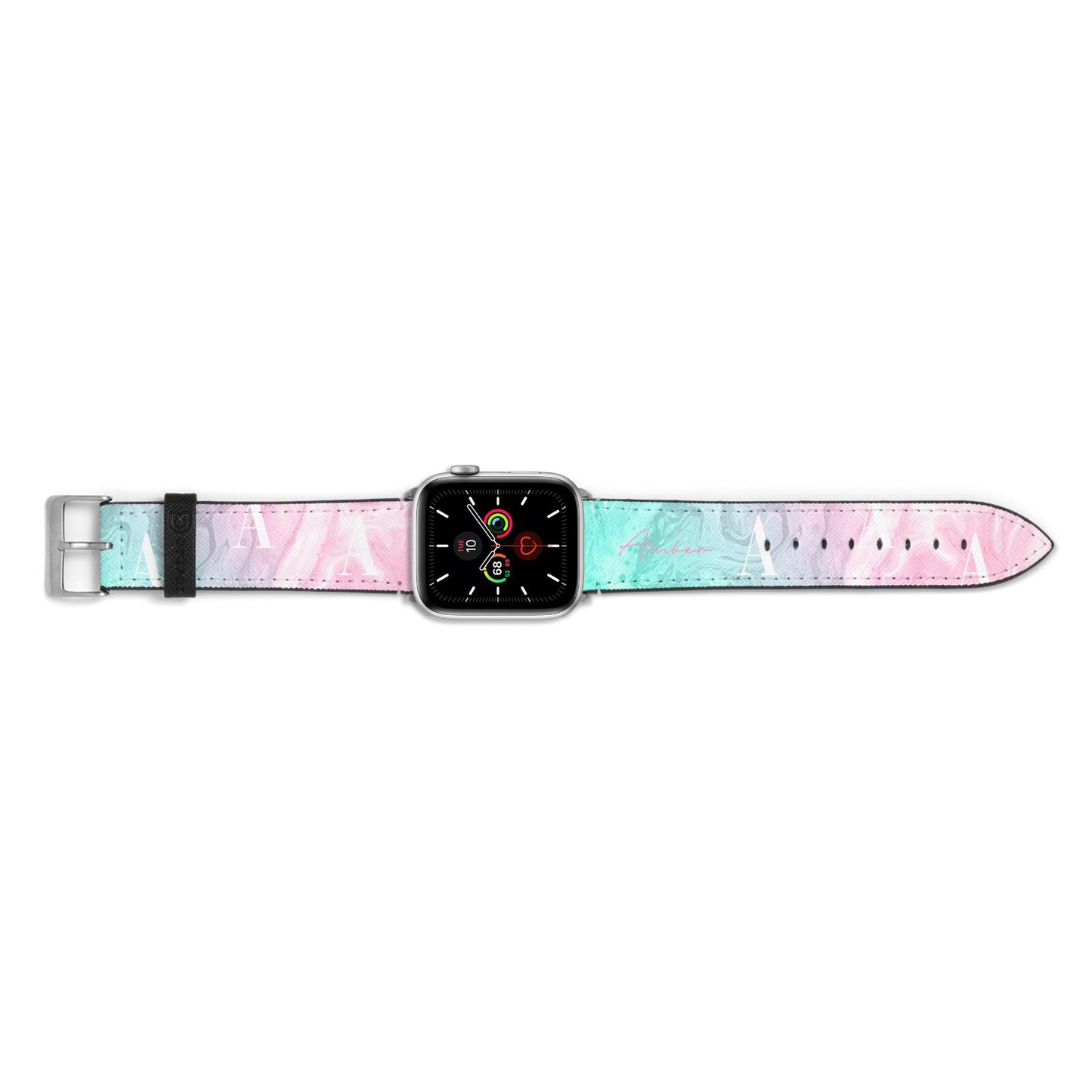Monogrammed Pink Turquoise Pastel Marble Apple Watch Strap Landscape Image Silver Hardware