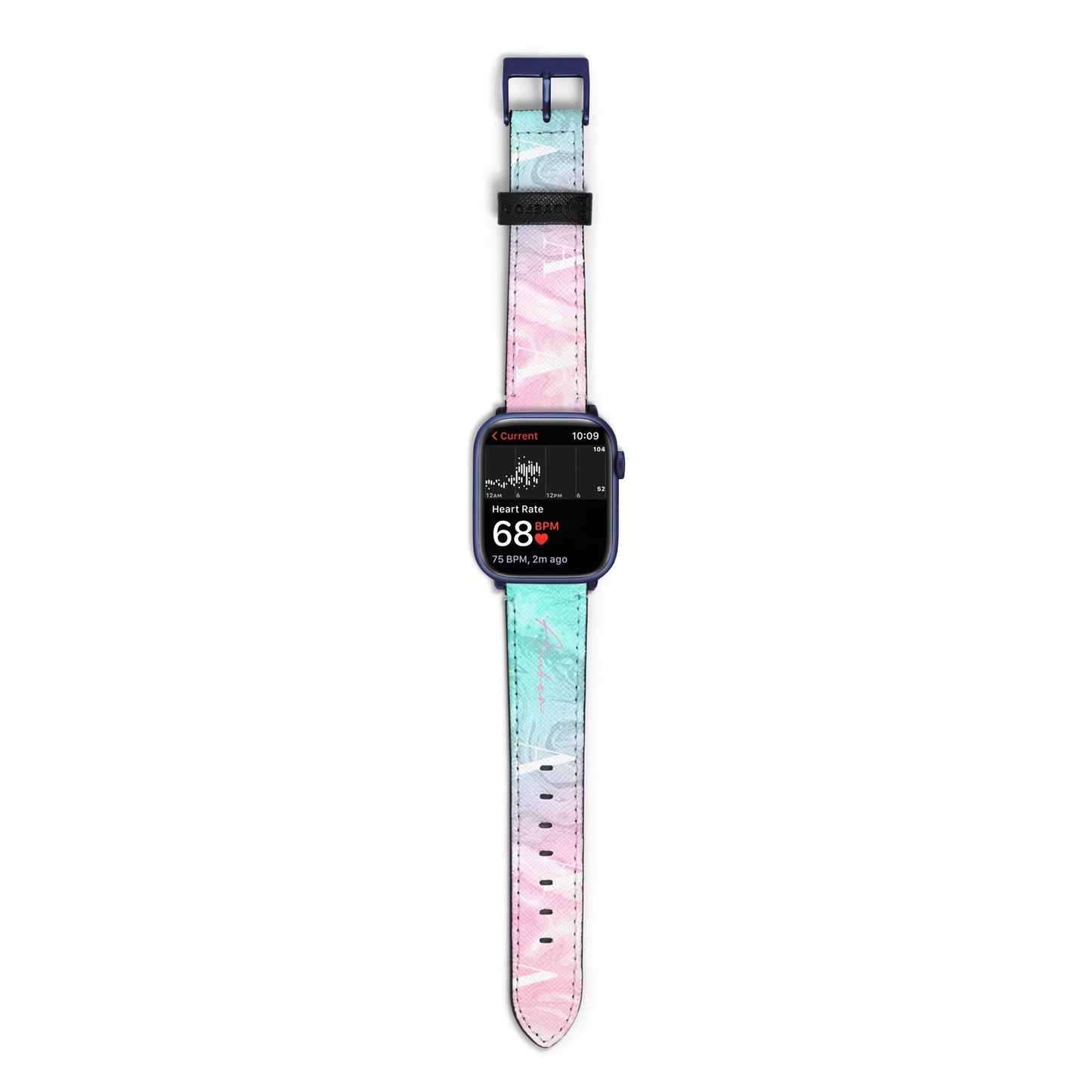 Monogrammed Pink Turquoise Pastel Marble Apple Watch Strap Size 38mm with Blue Hardware