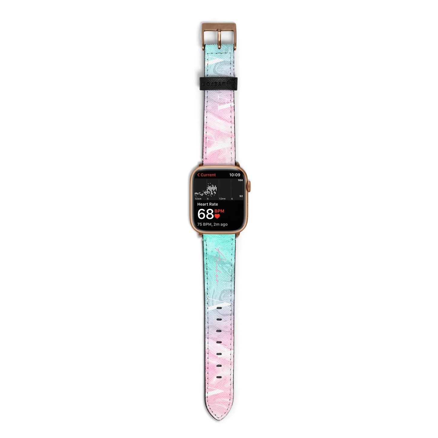 Monogrammed Pink Turquoise Pastel Marble Apple Watch Strap Size 38mm with Gold Hardware