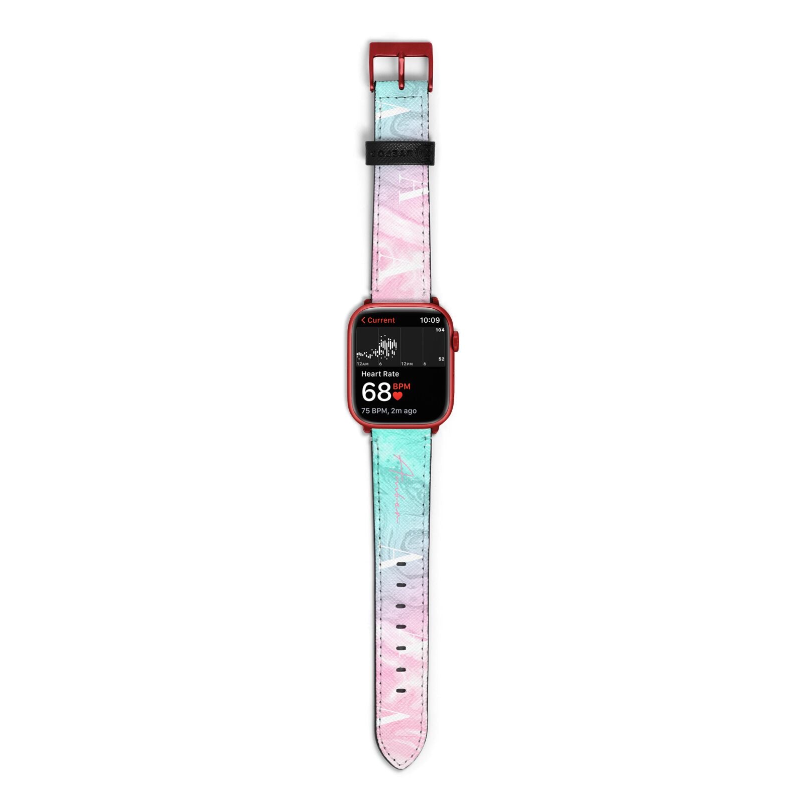 Monogrammed Pink Turquoise Pastel Marble Apple Watch Strap Size 38mm with Red Hardware