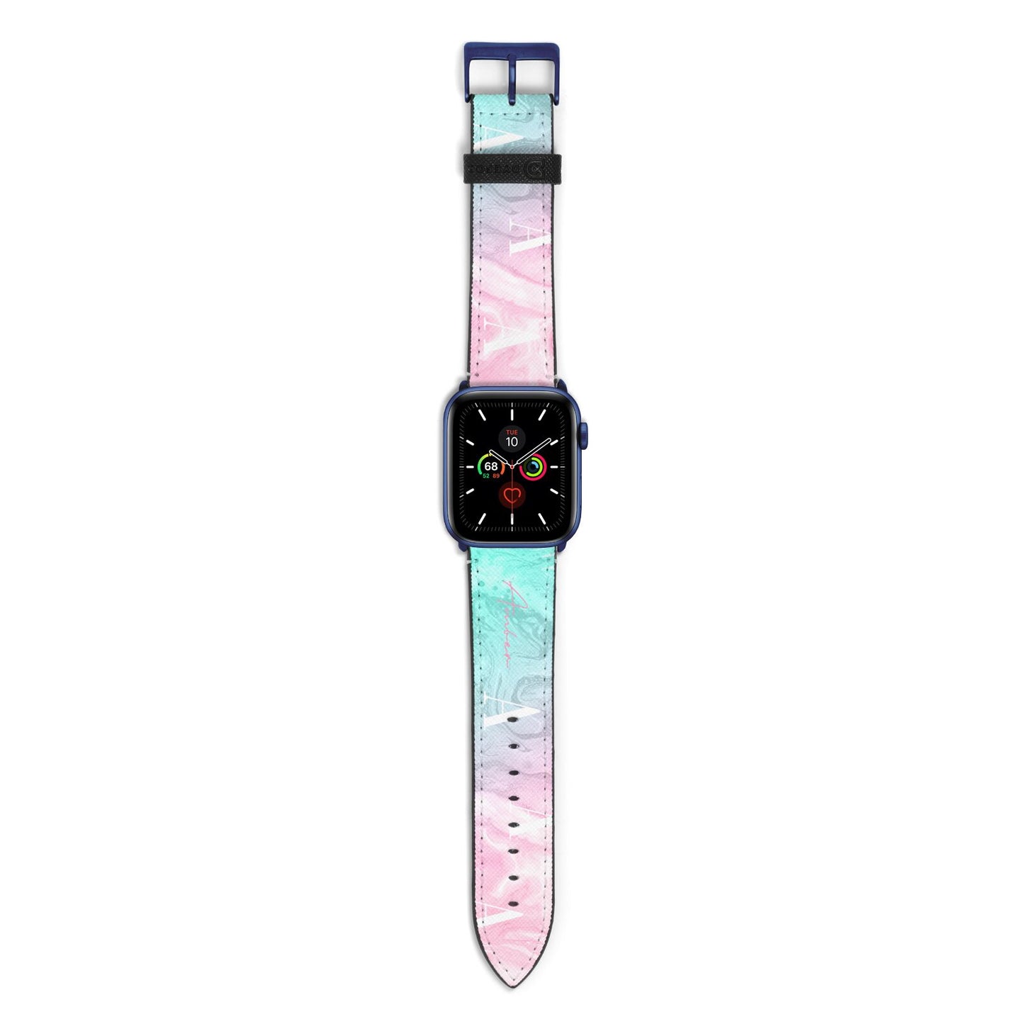 Monogrammed Pink Turquoise Pastel Marble Apple Watch Strap with Blue Hardware