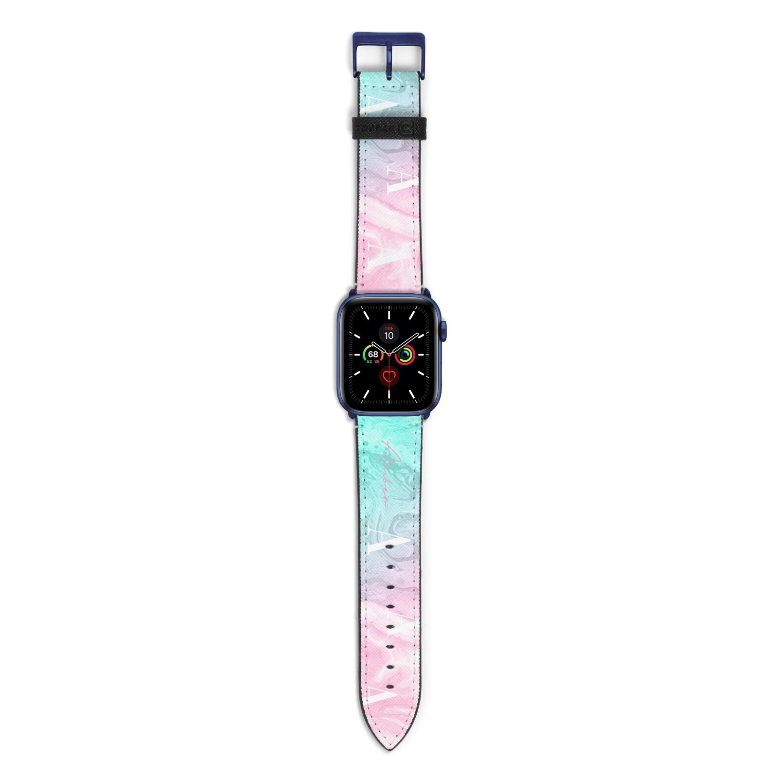 Monogrammed Pink Turquoise Pastel Marble Apple Watch Strap with Blue Hardware