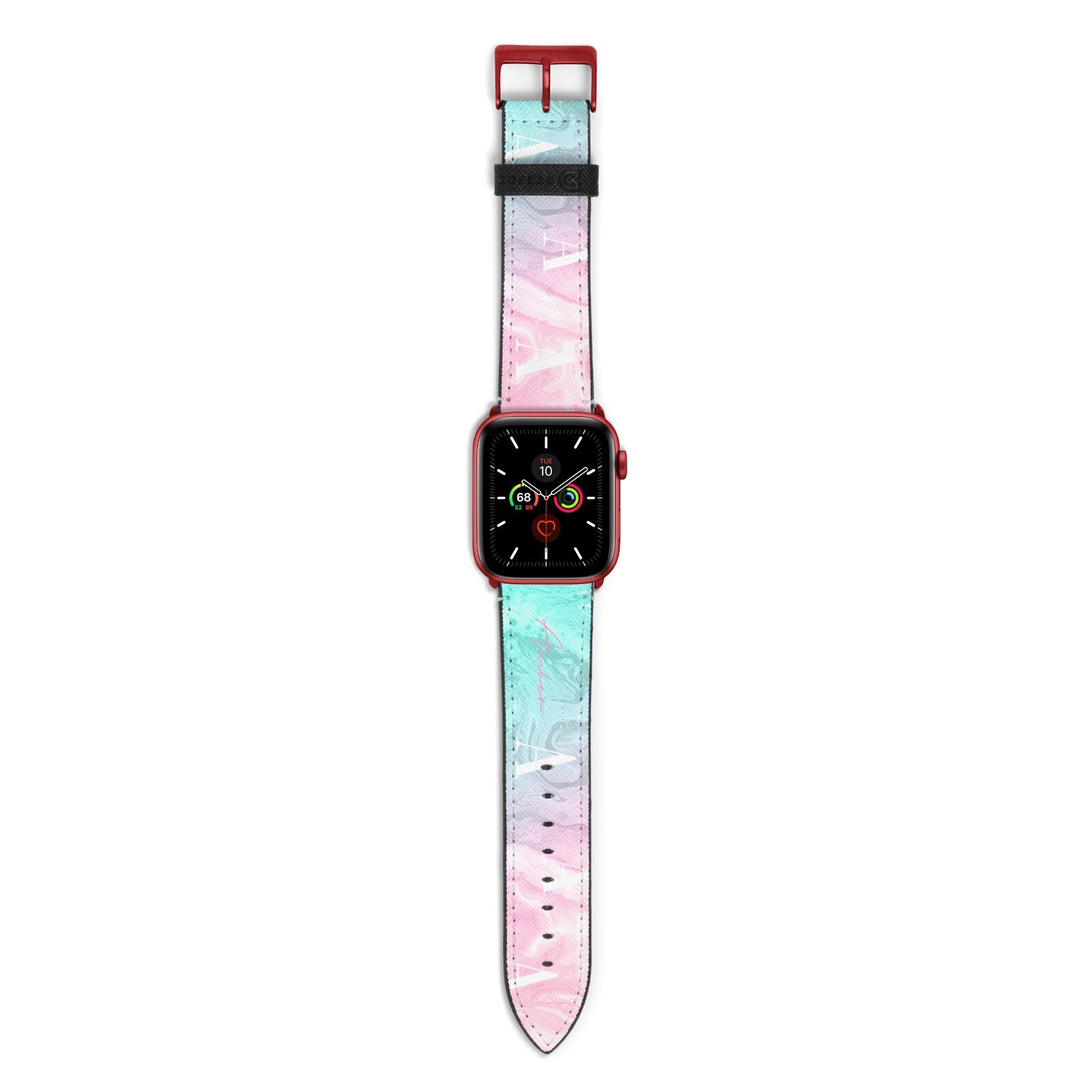 Monogrammed Pink Turquoise Pastel Marble Apple Watch Strap with Red Hardware