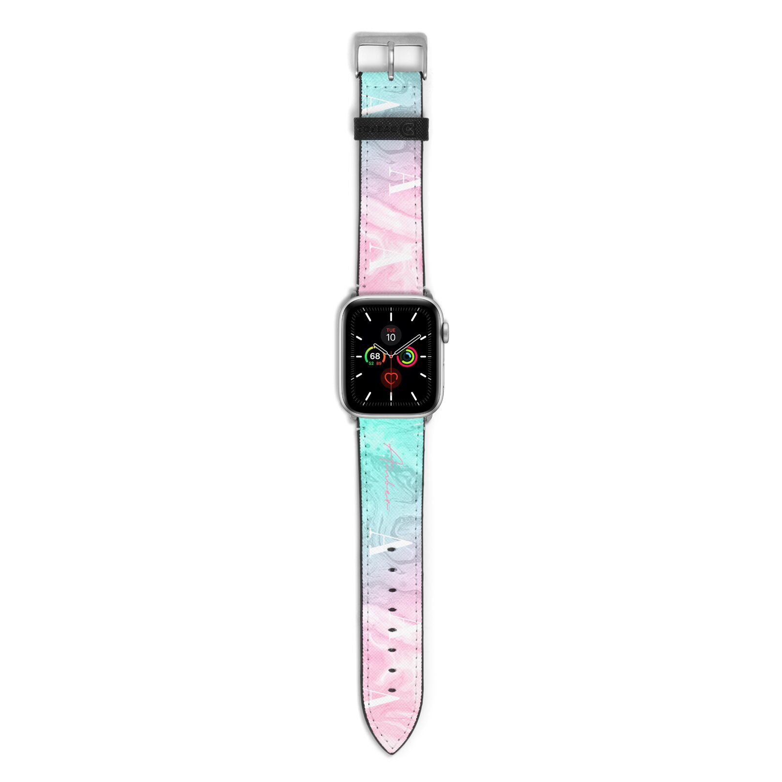 Monogrammed Pink Turquoise Pastel Marble Apple Watch Strap with Silver Hardware