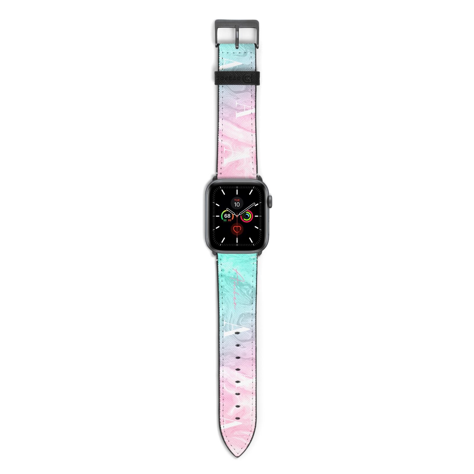 Monogrammed Pink Turquoise Pastel Marble Apple Watch Strap with Space Grey Hardware