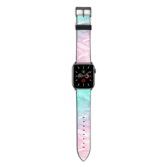 Monogrammed Pink Turquoise Pastel Marble Apple Watch Strap with Space Grey Hardware